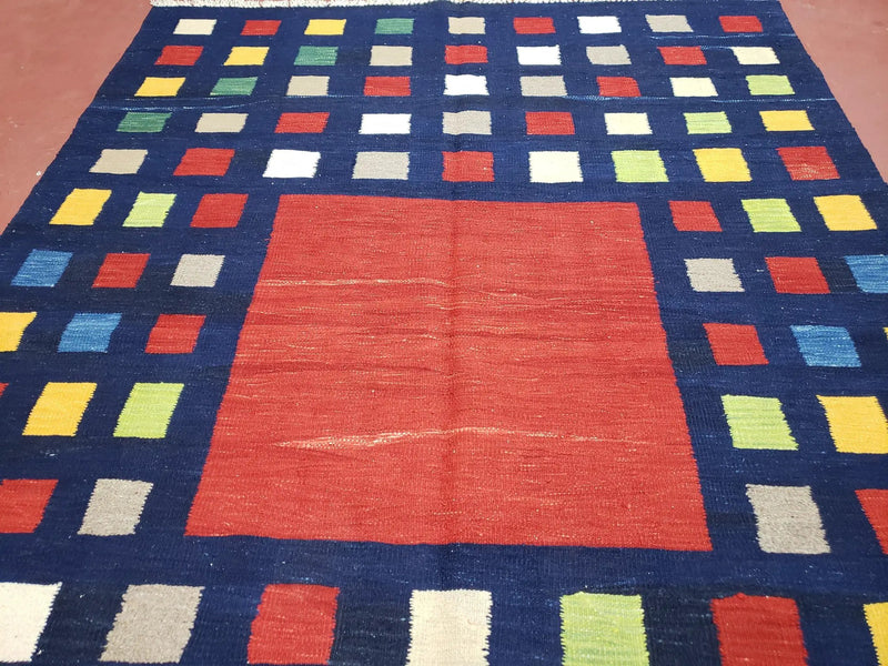 Turkish Kilim Rug 5x7 - 6x8, Checkerboard Kilim Carpet, Area Rug, New Playroom Rug, Colorful Multicolor Rug for Nursery Room, Dark Blue Red by Jewel Rugs