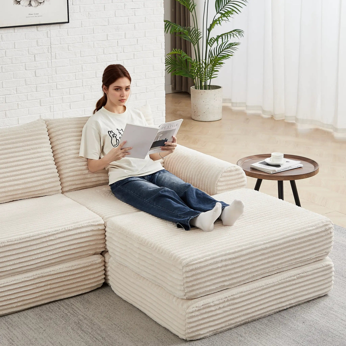 Minimalist Corduroy Sofa Bed with Two Throw Pillows by HouseOfZazla