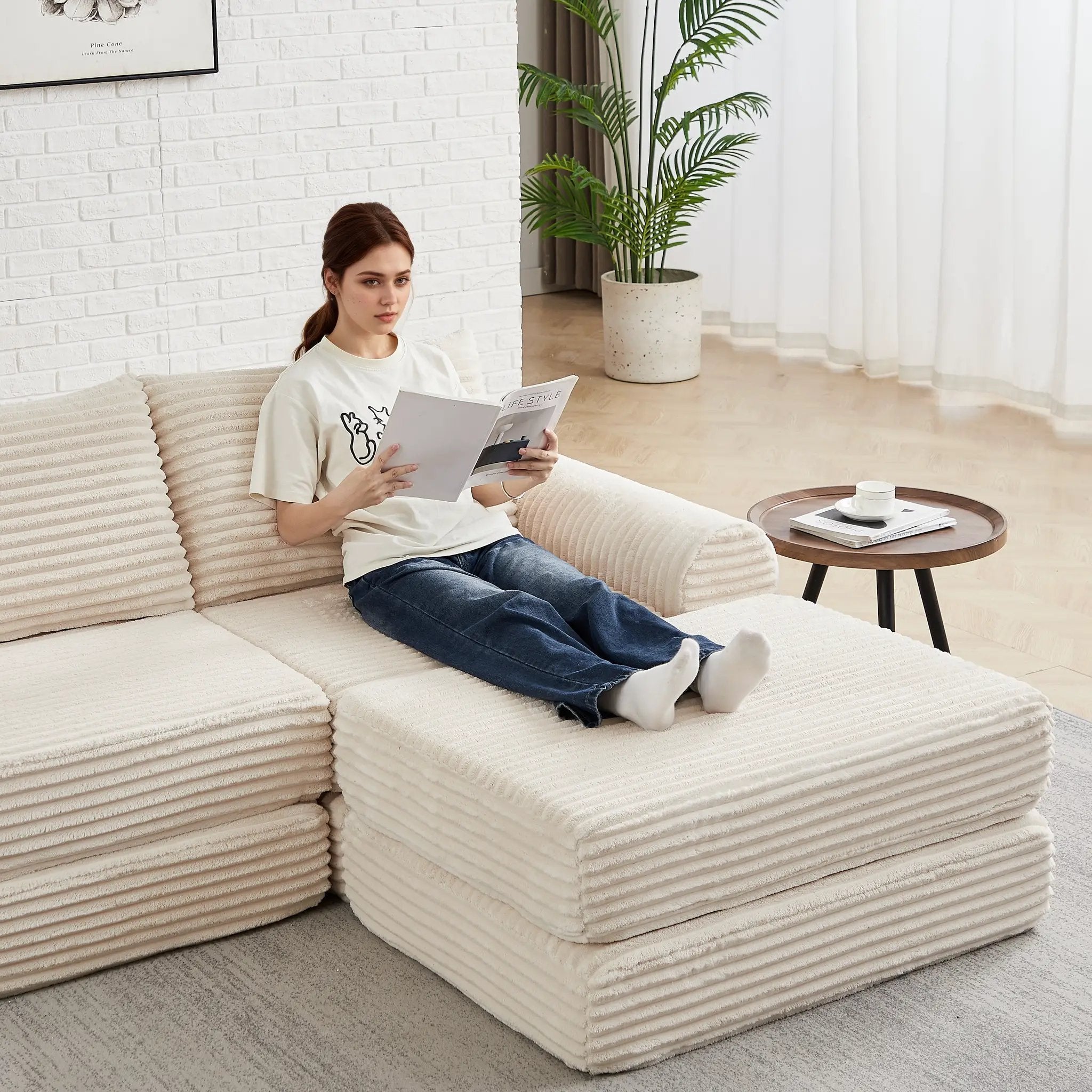 Minimalist Corduroy Sofa Bed with Two Throw Pillows by HouseOfZazla