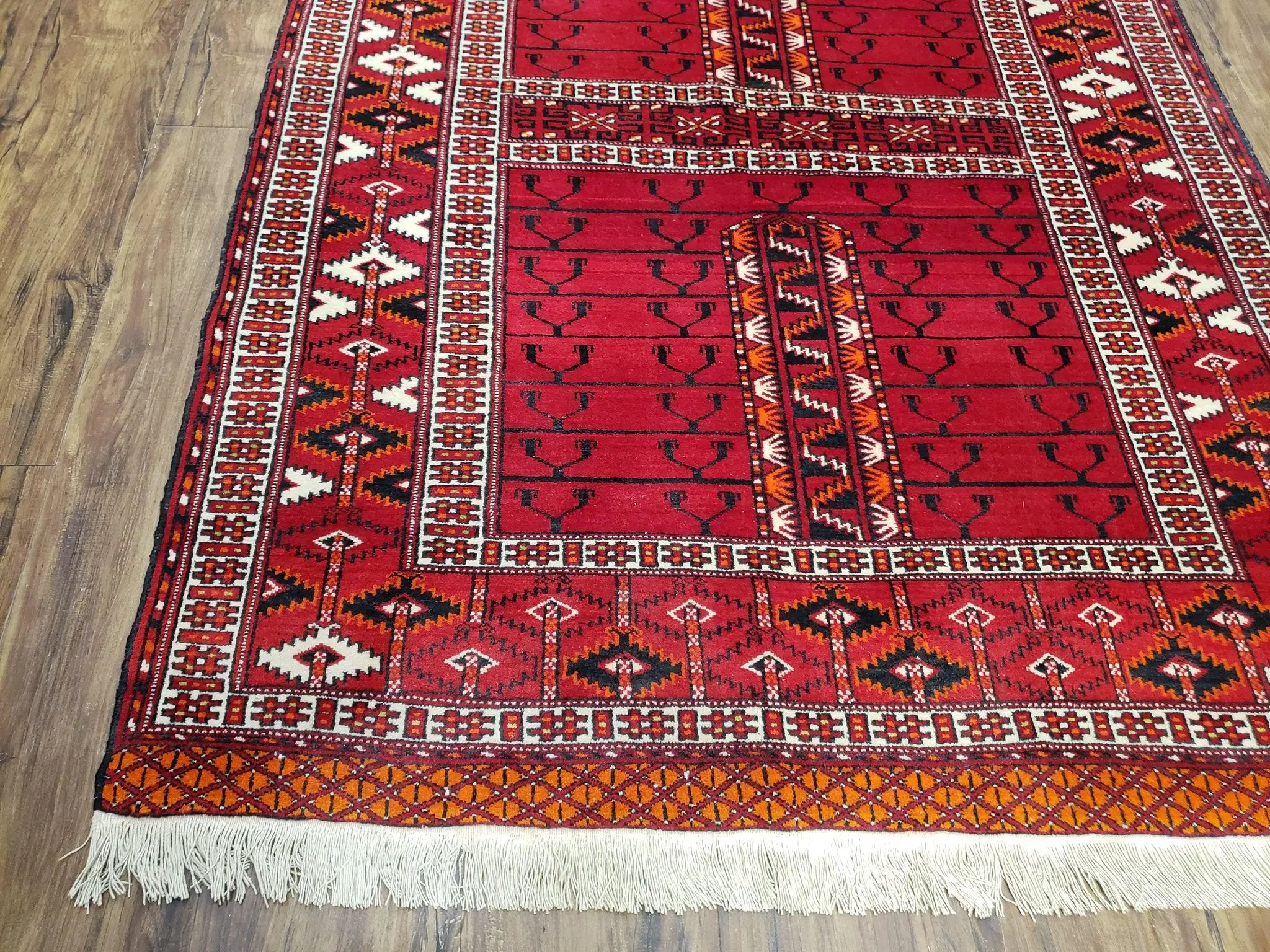 Antique Persian Turkoman Rug 4x5, Hatchli Tekkeh Ersari Red Tribal Rug, Handmade Wool Oriental Carpet, Four Seasons Rug by Jewel Rugs