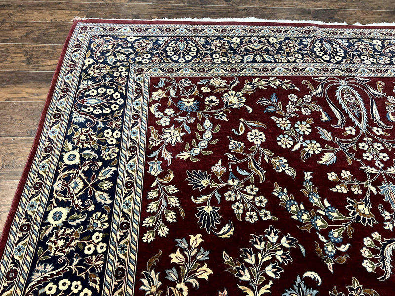 Indo Persian Sarouk Rug 9x12, Floral Allover, Dark Red & Navy Blue, Handmade Vintage Wool Carpet by Jewel Rugs