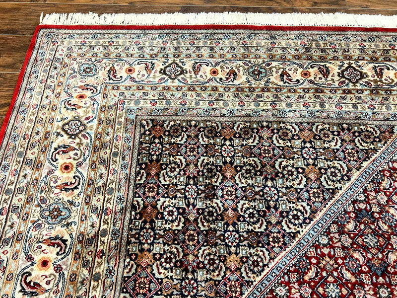 Square Indo Persian Bidjar Rug 10x10, Red, Handmade Vintage Wool Carpet by Jewel Rugs