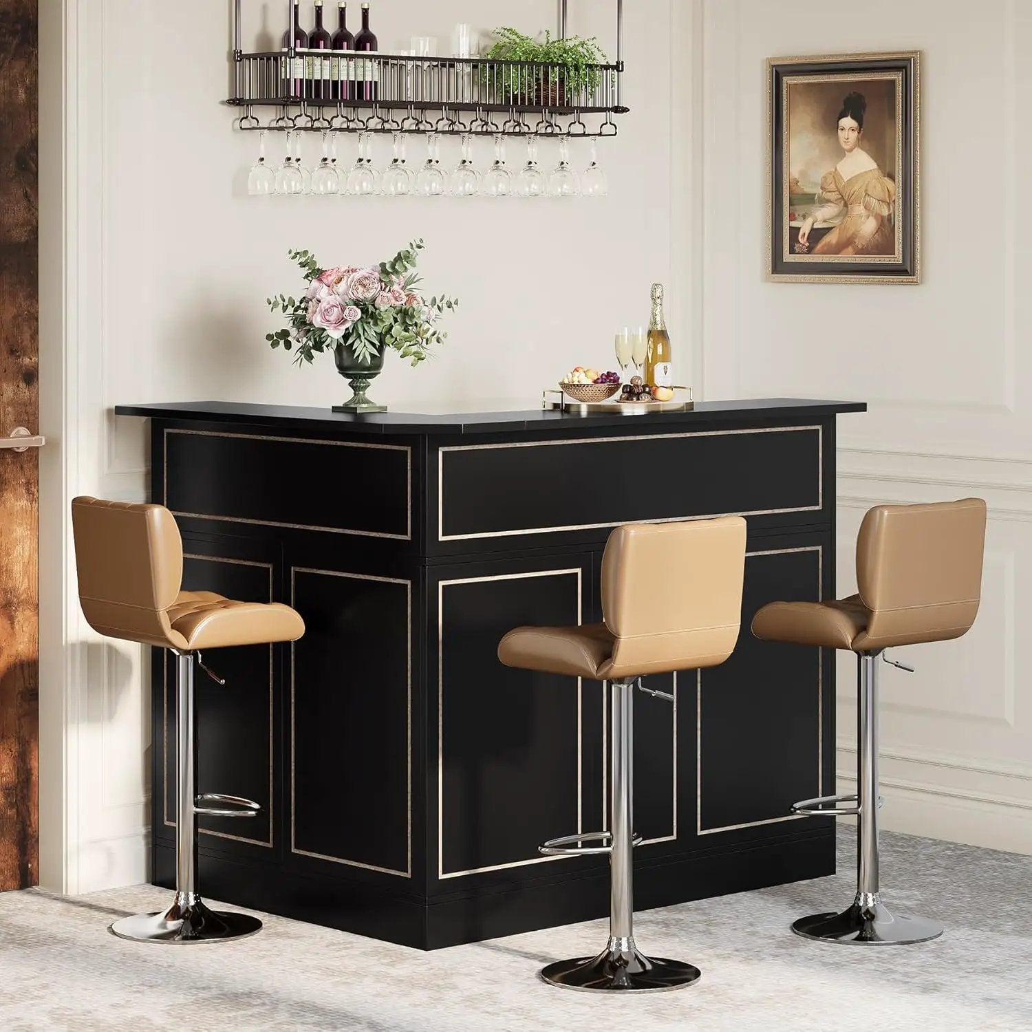 L-Shaped Home Bar Cabinet With Stemware Racks, 4 Tier Corner Unit, Liquor Wine Bar Table & Reception Desk For Home Pub - Black by HouseOfZazla