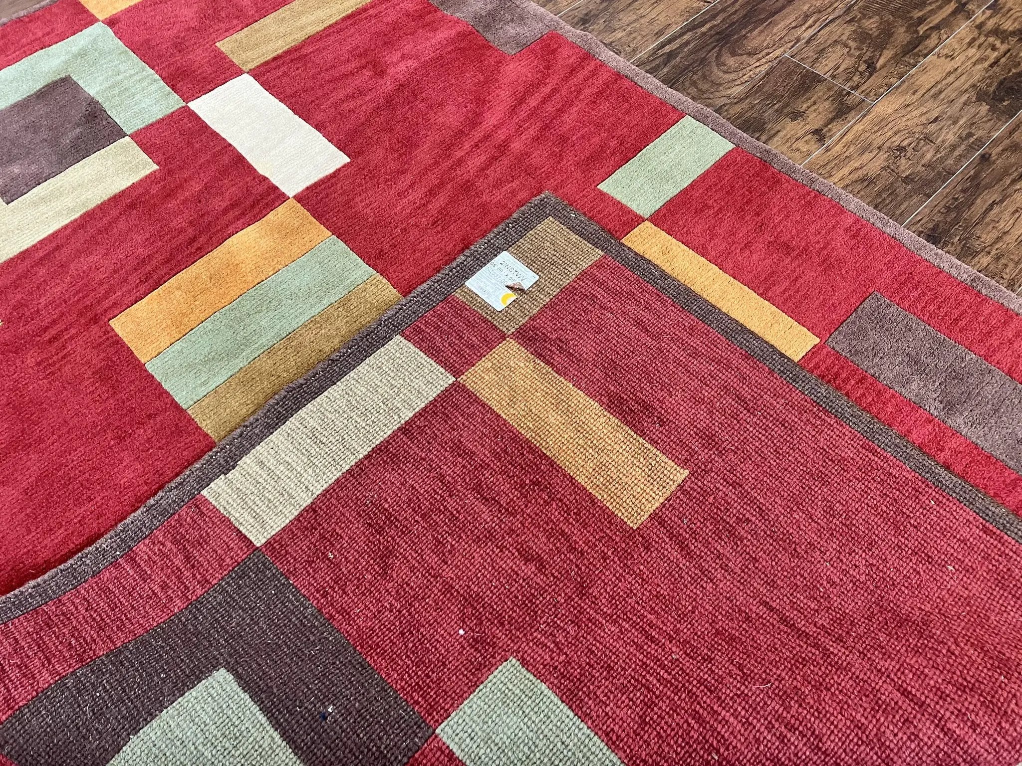Indo Tibetan Modern Rug 5x8, Abstract Rug 5 x 8 ft, Red Multicolor Wool Handmade Contemporary Area Rug by Jewel Rugs