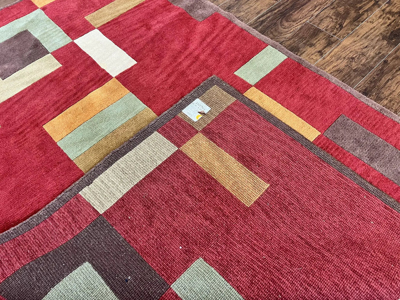 Indo Tibetan Modern Rug 5x8, Abstract Rug 5 x 8 ft, Red Multicolor Wool Handmade Contemporary Area Rug by Jewel Rugs
