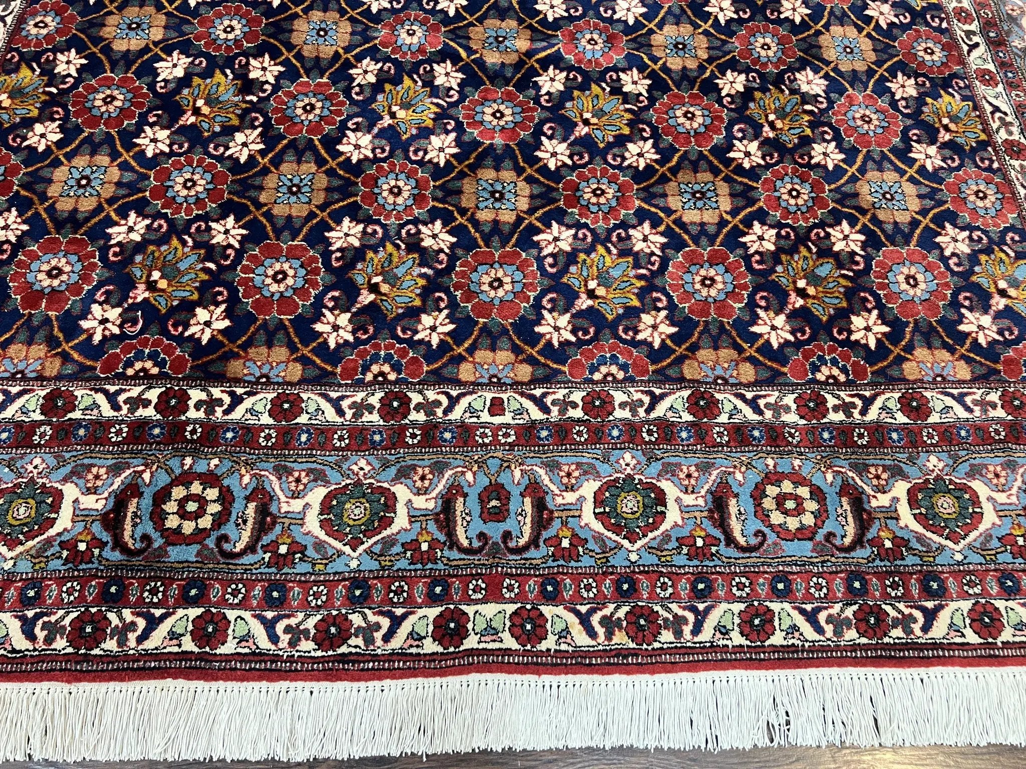 Persian Veramin Rug 7x11, Repeated Allover Pattern, Handmade Vintage Carpet, Navy Blue by Jewel Rugs