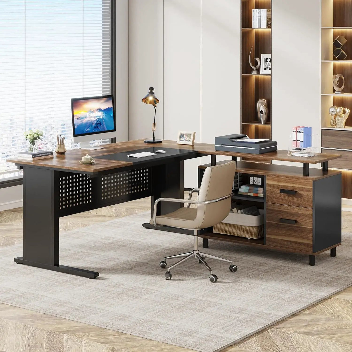 L-Shaped Executive Desk With File Cabinet, Office Workstation With Drawers, Shelves & Storage by HouseOfZazla