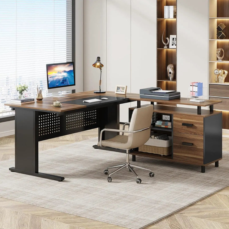 L-Shaped Executive Desk With File Cabinet, Office Workstation With Drawers, Shelves & Storage by HouseOfZazla