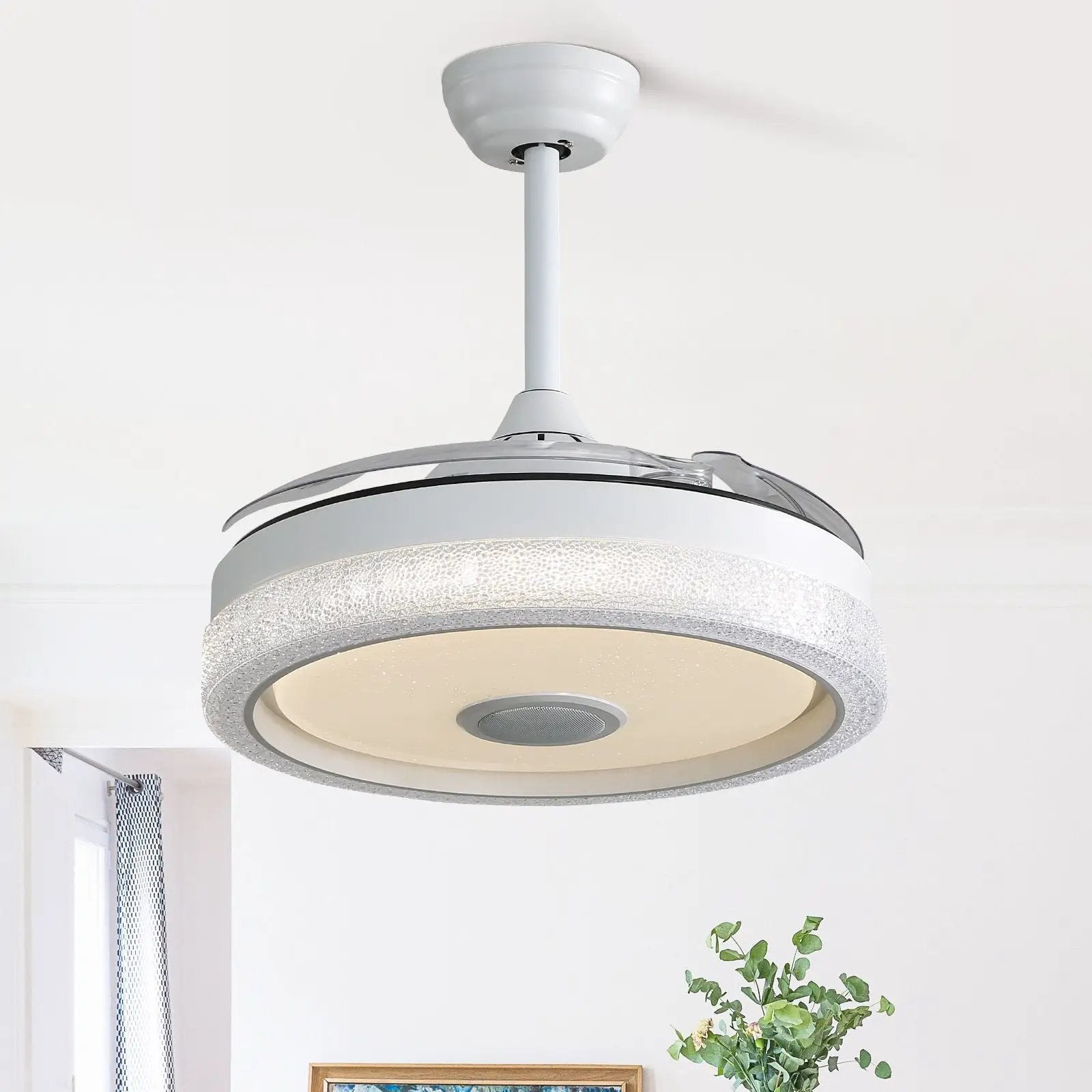 Invisible Ceiling Fan With Remote Control And 36W LED Light, 120V DC Motor, 3 Blades - White by HouseOfZazla