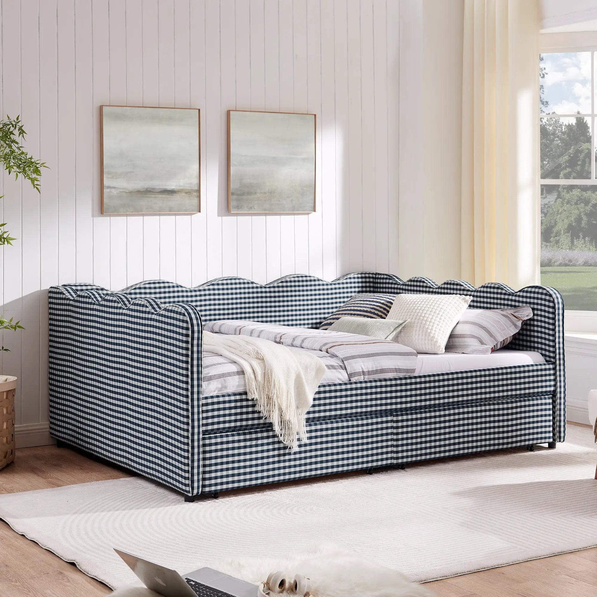 Queen Size Cozy Gingham Daybed with Two Storage Drawers and USB Port by HouseOfZazla