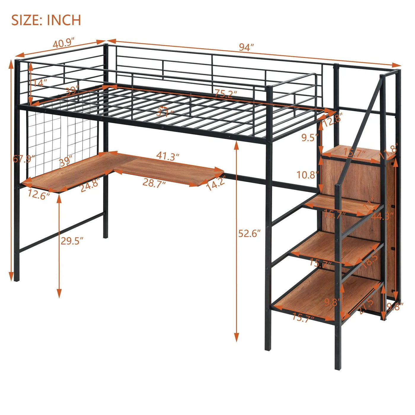 Loft Bed With Desk And Grid, Stylish Frame With Lateral Storage Ladder And Wardrobe by Unique Piece Furniture