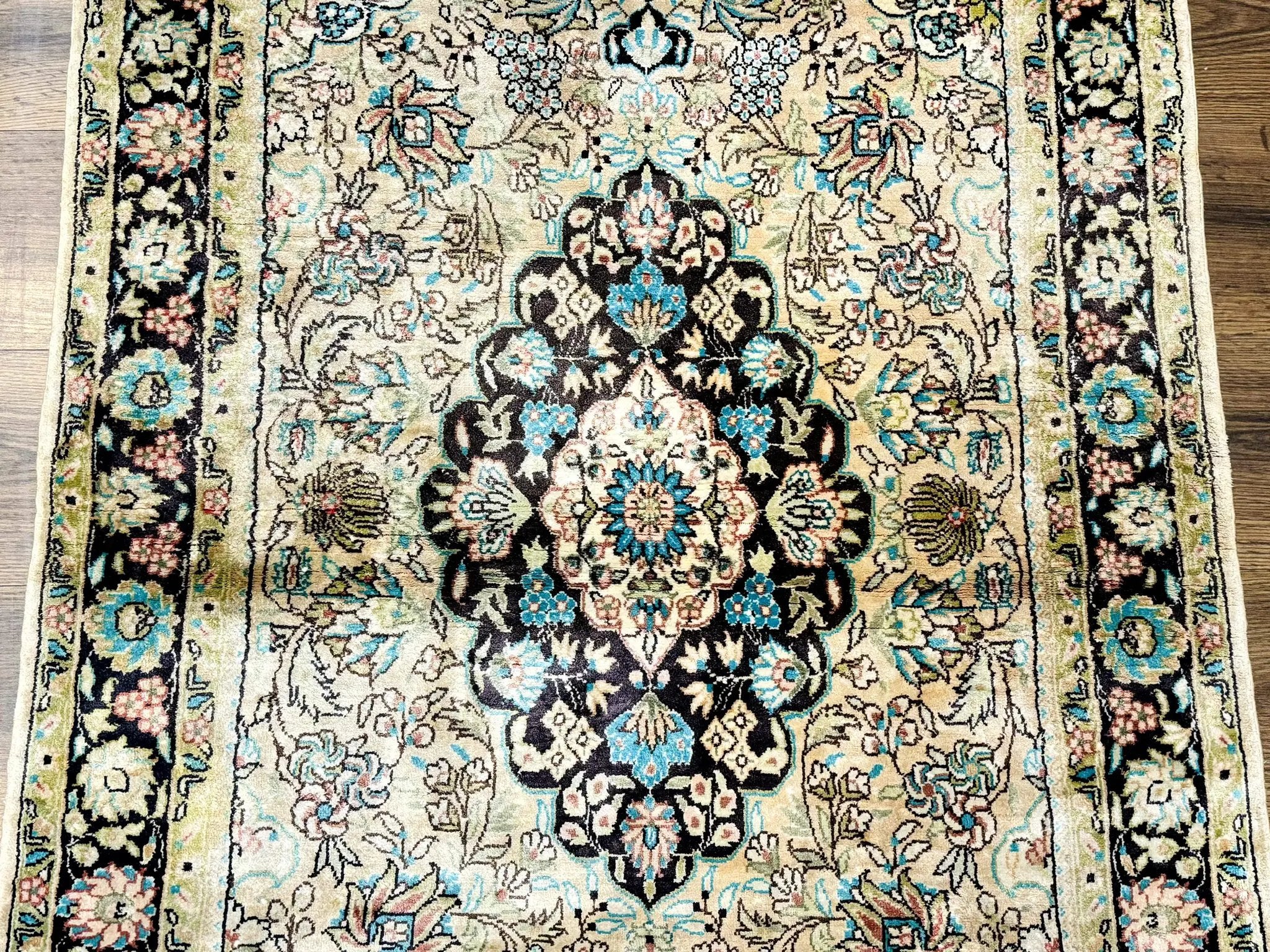 Indian Kashmiri Silk Rug 3x5, Floral Medallion, Fine 200 KPSI by Jewel Rugs