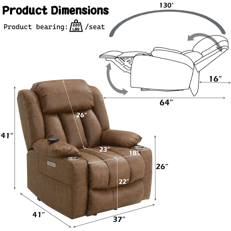 Aire Power Motion Recliner With Lift Heating Massage Function - Brown by Unique Piece Furniture