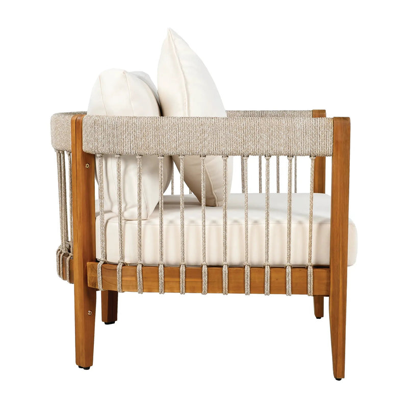 Acacia Wood Outdoor Club Chair with Handwoven Rope Accents & Curved Backrest by HouseOfZazla