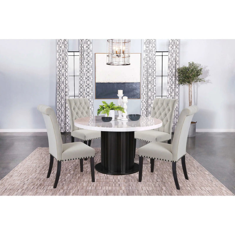 Sherry - 5 Piece Round Dining Table Set With Linen Like Upholstered Chairs - Sand by HouseOfZazla