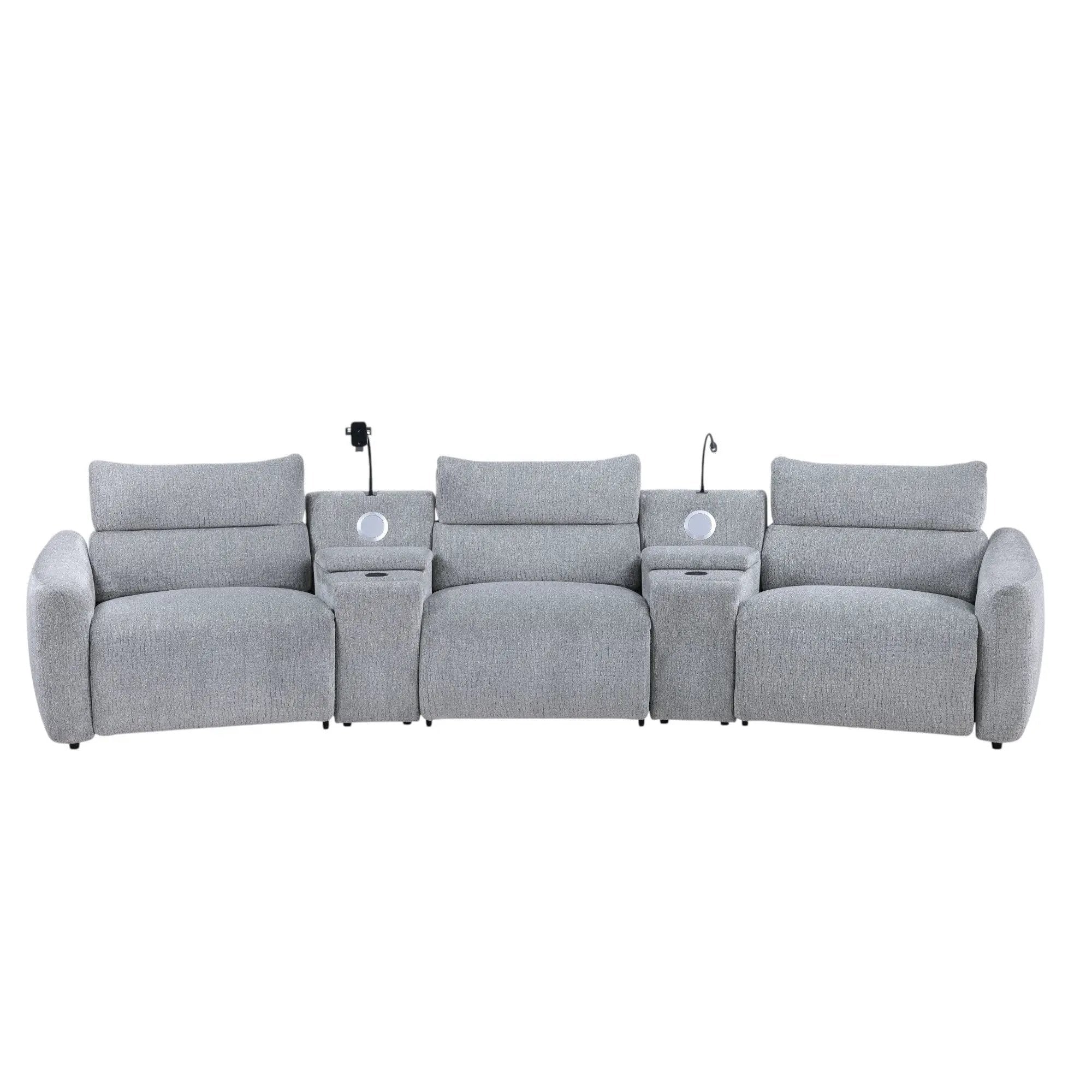 Fullar - Modular Power Motion Sectional Sofa With Console, 2 Wireless Chargers, 4 Cupholders, And 2 Speakers, 1 Phone Holder And 1 Reading Light, Adjustable Headrest - Light Gray by HouseOfZazla