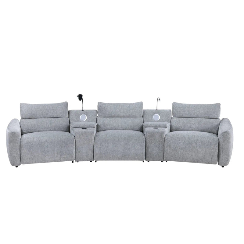 Fullar - Modular Power Motion Sectional Sofa With Console, 2 Wireless Chargers, 4 Cupholders, And 2 Speakers, 1 Phone Holder And 1 Reading Light, Adjustable Headrest - Light Gray by HouseOfZazla