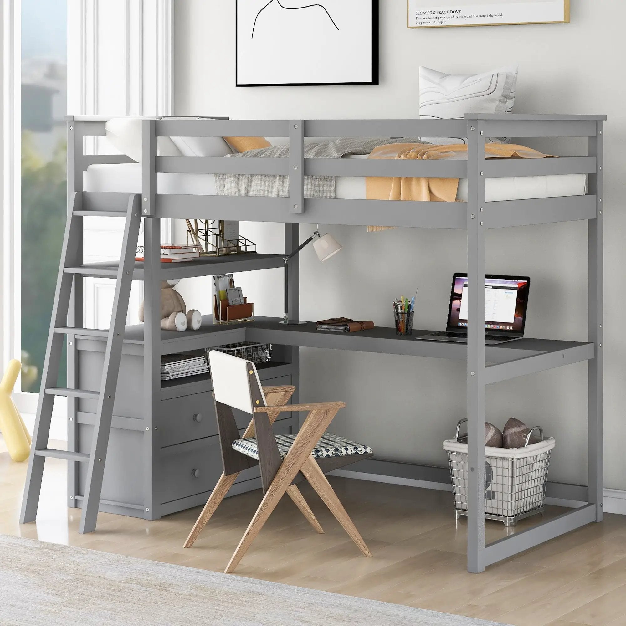 Modern Loft Bed With Built In Desk, Shelves, And 2 Drawers by HouseOfZazla