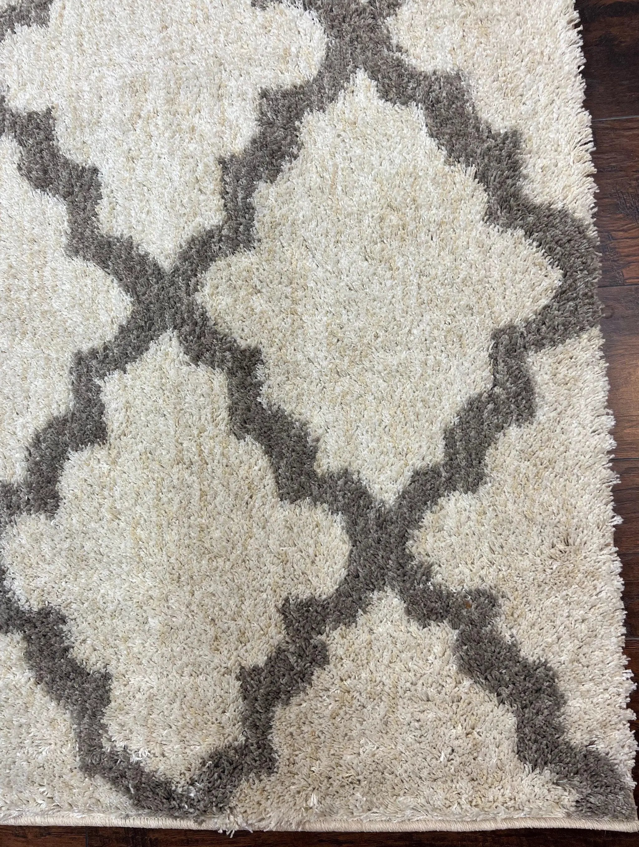 Modern Shag Rug, Ivory and Gray, Diamond Panel Design, Room Sized Area Rug by Jewel Rugs
