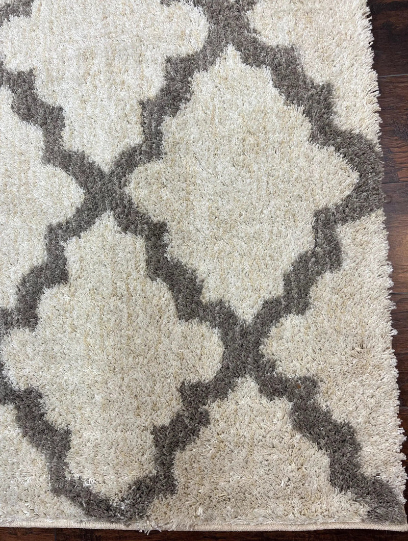 Modern Shag Rug, Ivory and Gray, Diamond Panel Design, Room Sized Area Rug by Jewel Rugs