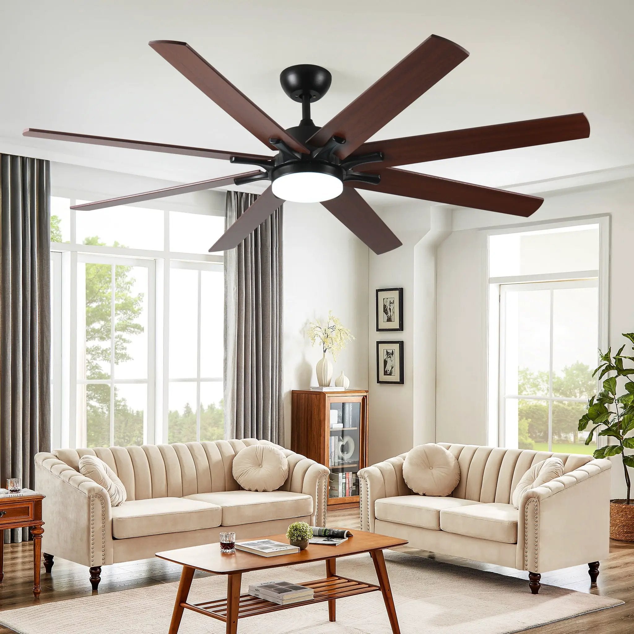 Large Ceiling Fans With Lights And Remote, Indoor / Outdoor Modern Ceiling Fan For Kitchen Living Room Patio, 6 Speed Reversible Quiet DC Motor, Dual Finish 8 Blades - Black by Unique Piece Furniture