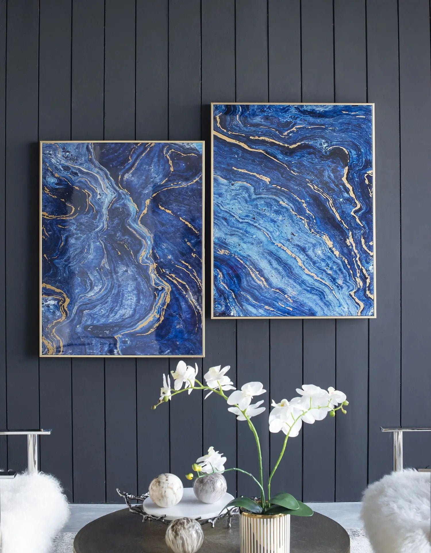 Framed Art Panels, Unique Marbled Design (Set of 2) - Blue by Unique Piece Furniture