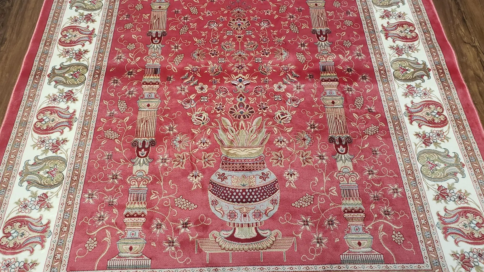 4 x 6 Silk Carpet Red, Traditional Oriental Rug 4x6, Flower Vase Columns, Turkish Rug New, High Quality, Bamboo Silk, Area Rug by Jewel Rugs