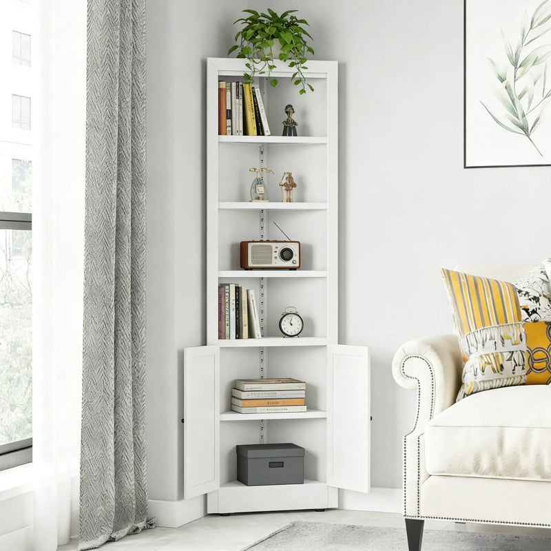 Tall Corner Storage Cabinet With 2 Doors, 5-Tier With Adjustable Shelves, Freestanding - White by HouseOfZazla