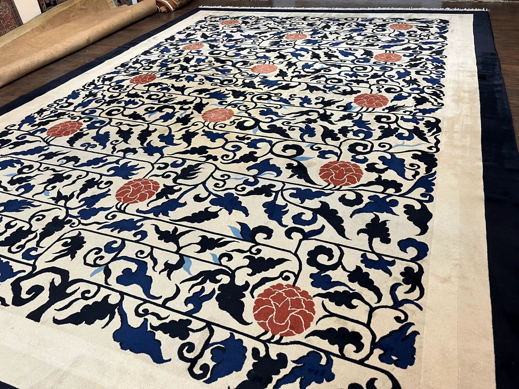 Antique Chinese Peking Rug 10x14, Beige Black, Handmade Wool Art Deco Carpet by Jewel Rugs