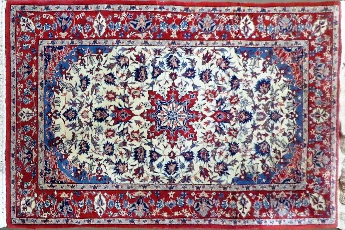 3' X 5' Vintage Handmade Authentic Oriental Floral Medallion Fine Wool Rug Beige Red and Blue Top Quality Veg Dyes by Jewel Rugs