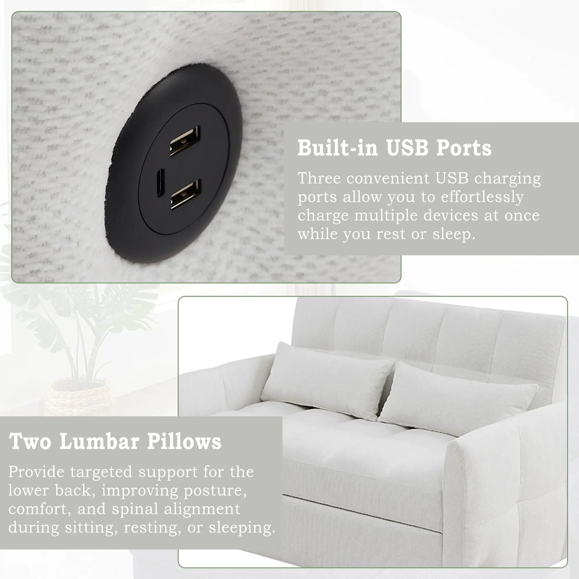 Loveseat Sofa Pull-Out Bed With Adjustable Backrest, 3 USB Ports And 2 Lumbar Pillows For Living Room by HouseOfZazla