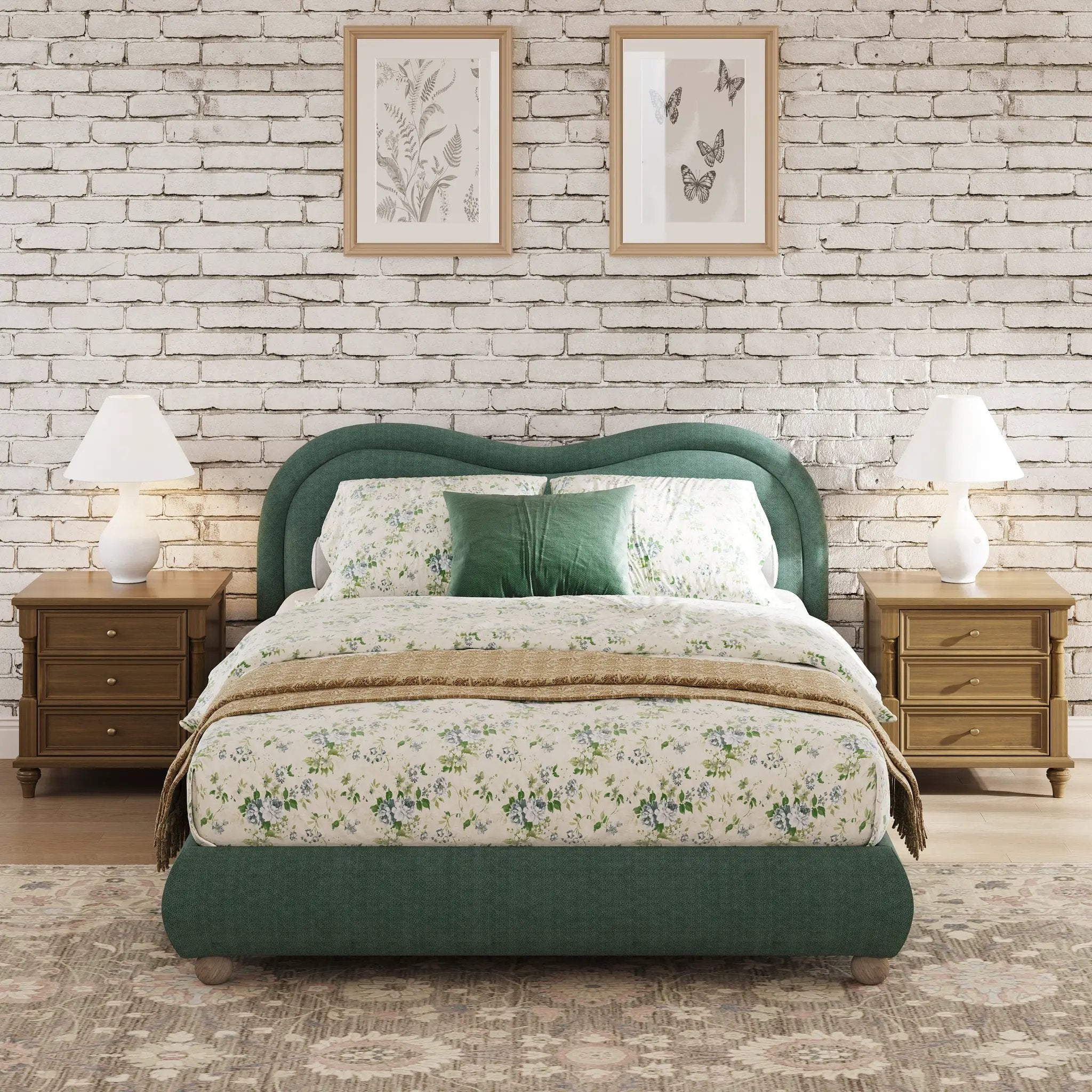 Queen Size Upholstered Platform Bed Frame with Rounded Corners Curved Headboard by HouseOfZazla