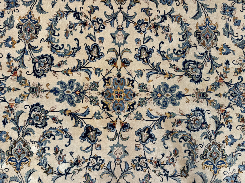 Persian Kashan Rug 10x14, Bone - Beige and Blue, Allover Pattern, Traditional Persian Carpet, Fine 260 KPSI by Jewel Rugs