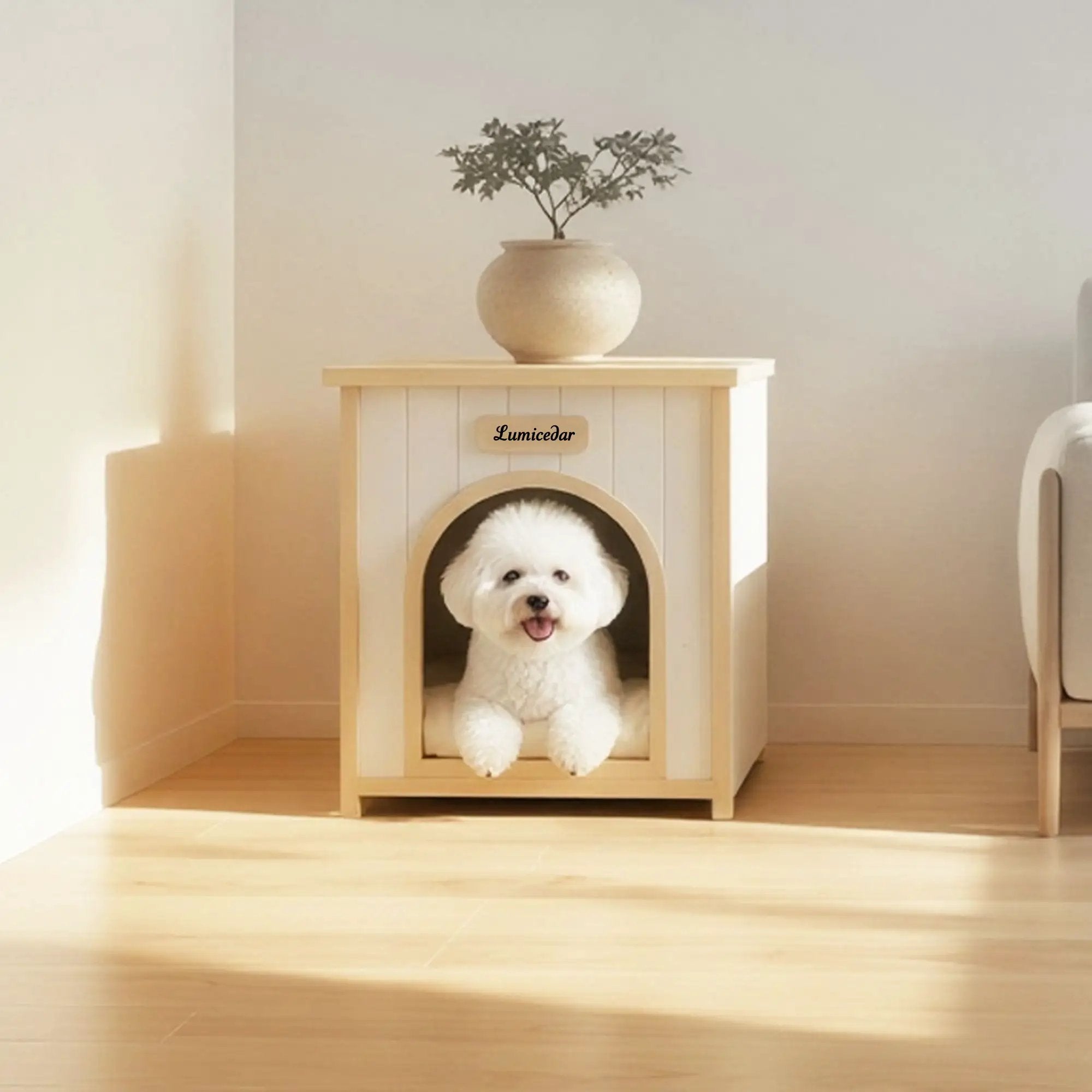 Indoor Dog House With Removable Cushion, Pet House For Cats & Small Dogs - Cream White / Light Yellow by HouseOfZazla