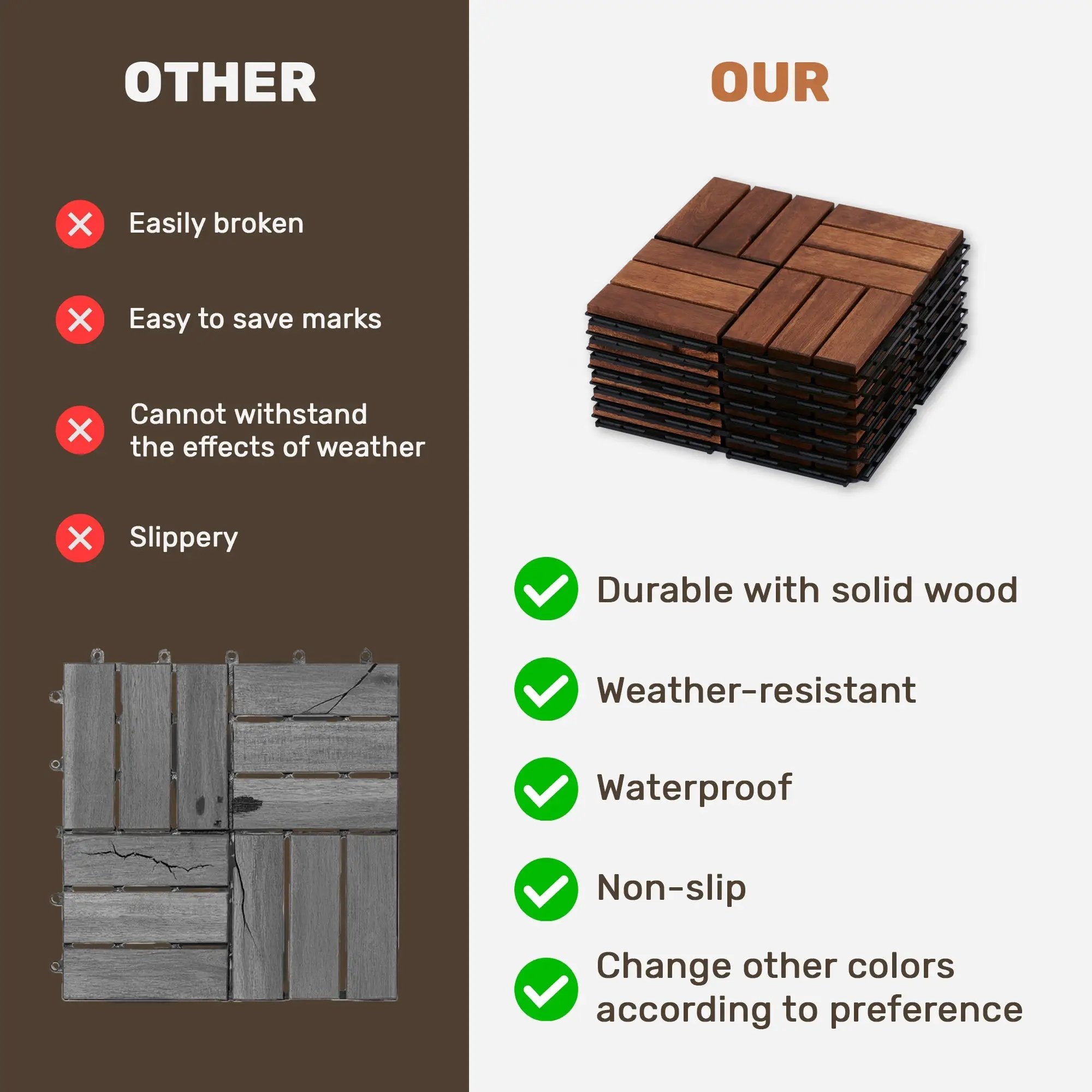 Acacia Wood Interlocking Deck Tiles - Checker Pattern by HouseOfZazla