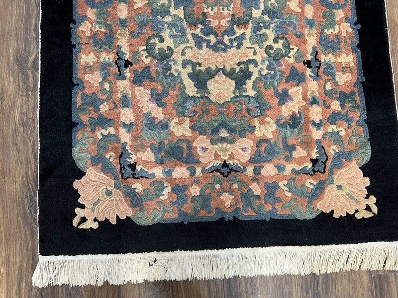 Chinese Art Deco Rug 3x5, Black and Beige Chinese Carpet 3 x 5, Vintage Rug, 1950s Rug, Floral Rug, Handmade Rug, Art Deco Rug, Wool Rug by Jewel Rugs