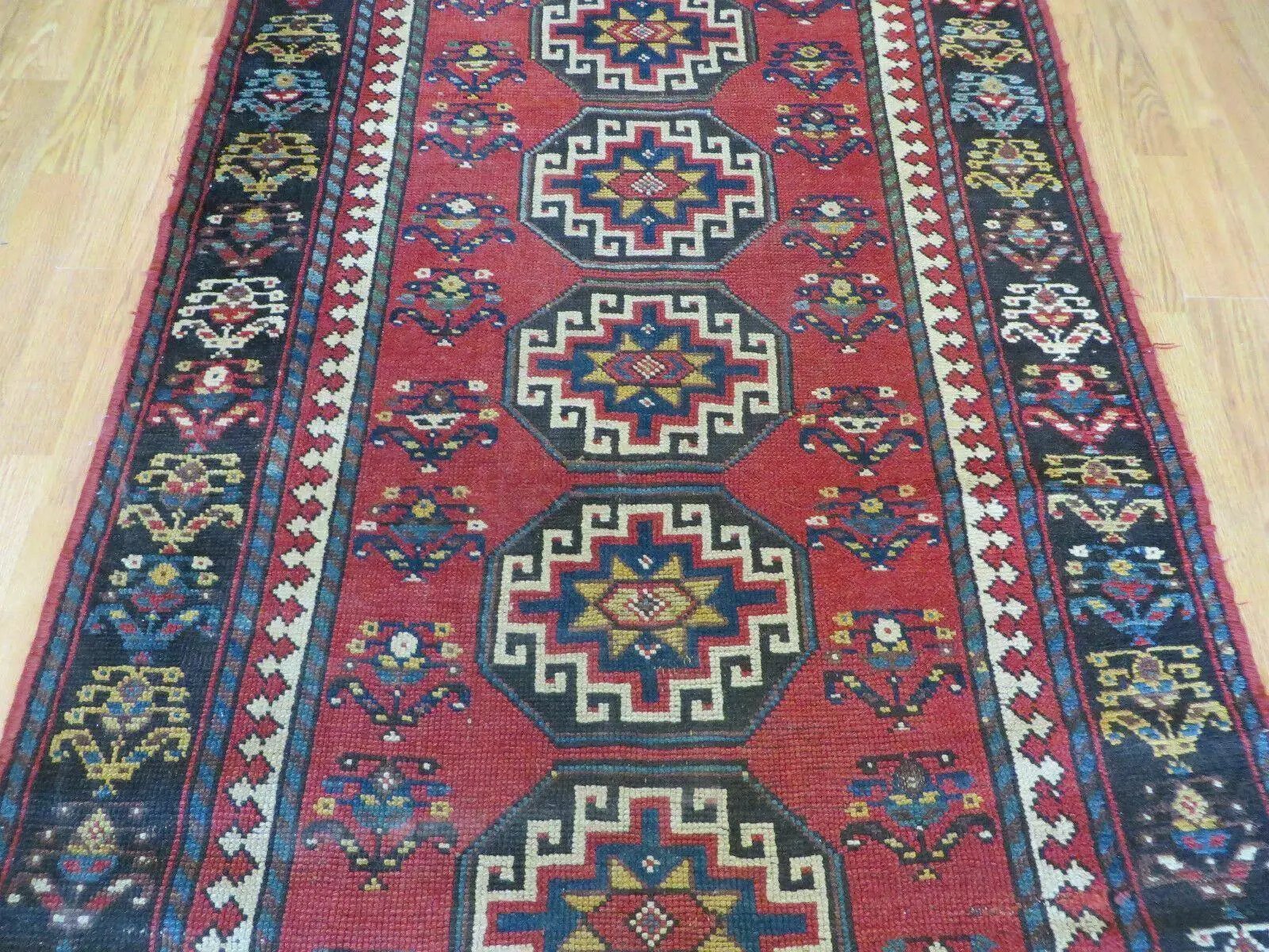 3' 3" X 10' Hand-Knotted Antique Handmade Caucasian Kazak Wool Runner Rug by Jewel Rugs