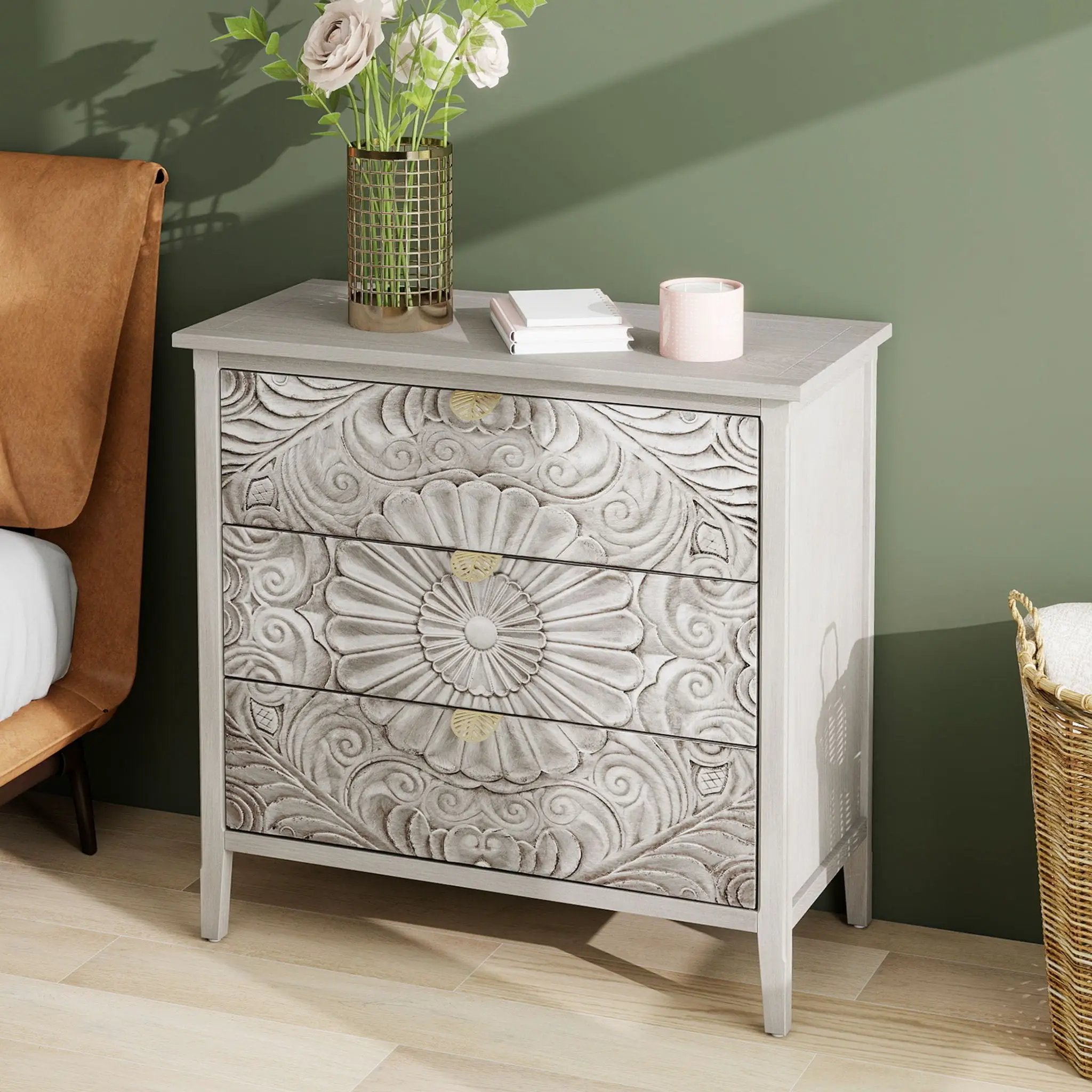 3 Drawer Cabinet, American Furniture, Suitable For Bedroom, Living Room - Light Gray by Unique Piece Furniture