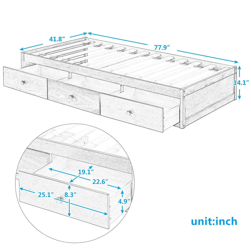 Twin Size Platform Storage Bed With 3 Drawers - White by HouseOfZazla