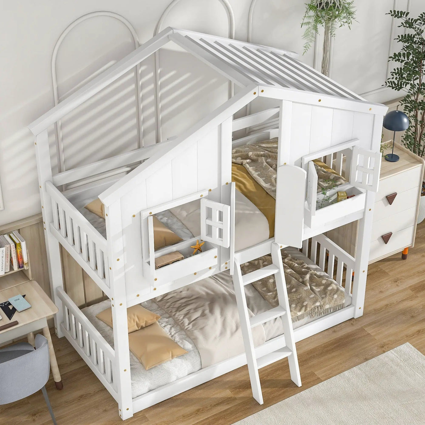 House Bunk Bed With Roof, Window, Window Box, Door, With Safety Guardrails And Ladder by Unique Piece Furniture