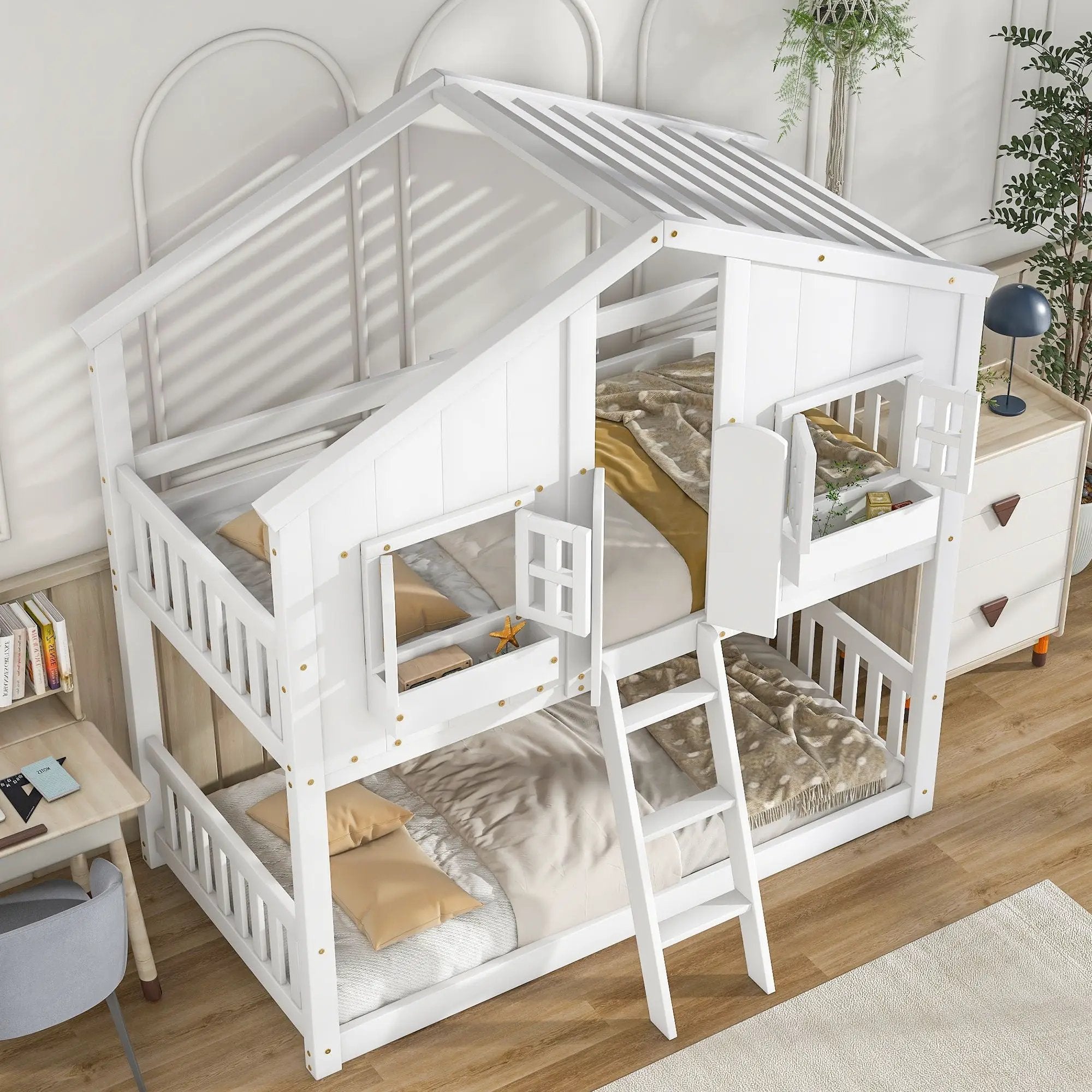 House Bunk Bed With Roof, Window, Window Box, Door, With Safety Guardrails And Ladder by Unique Piece Furniture