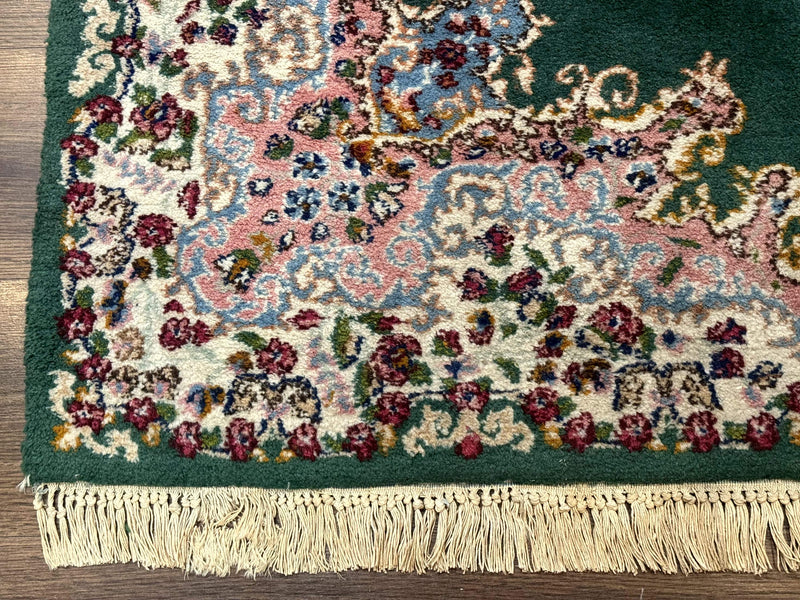 Persian Kerman Rug 4x6, Green Ivory Pink, Wool Vintage, Semi Open Field by Jewel Rugs