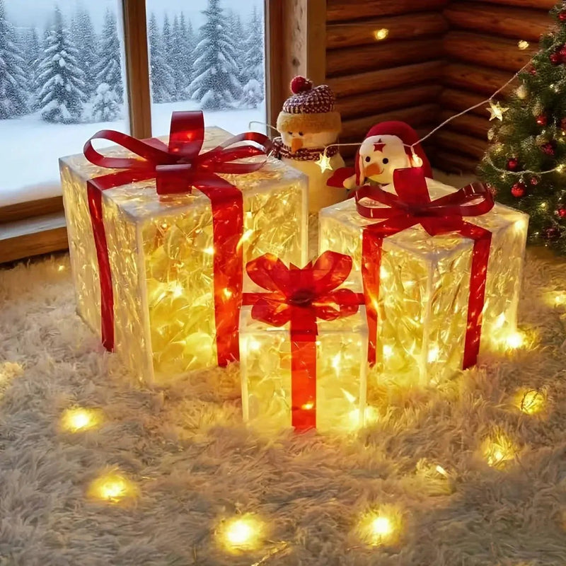 Decorative Wooden Set of 3 Lighted Christmas Gift Boxes by House Of Avana