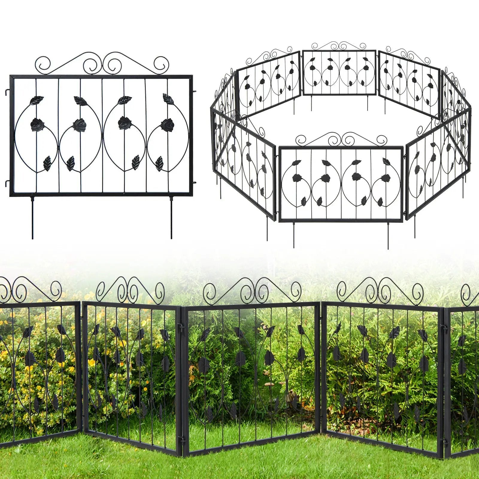 Decorative Garden Fence with 8 Panels Animal Barrier-Black by DirectDeals