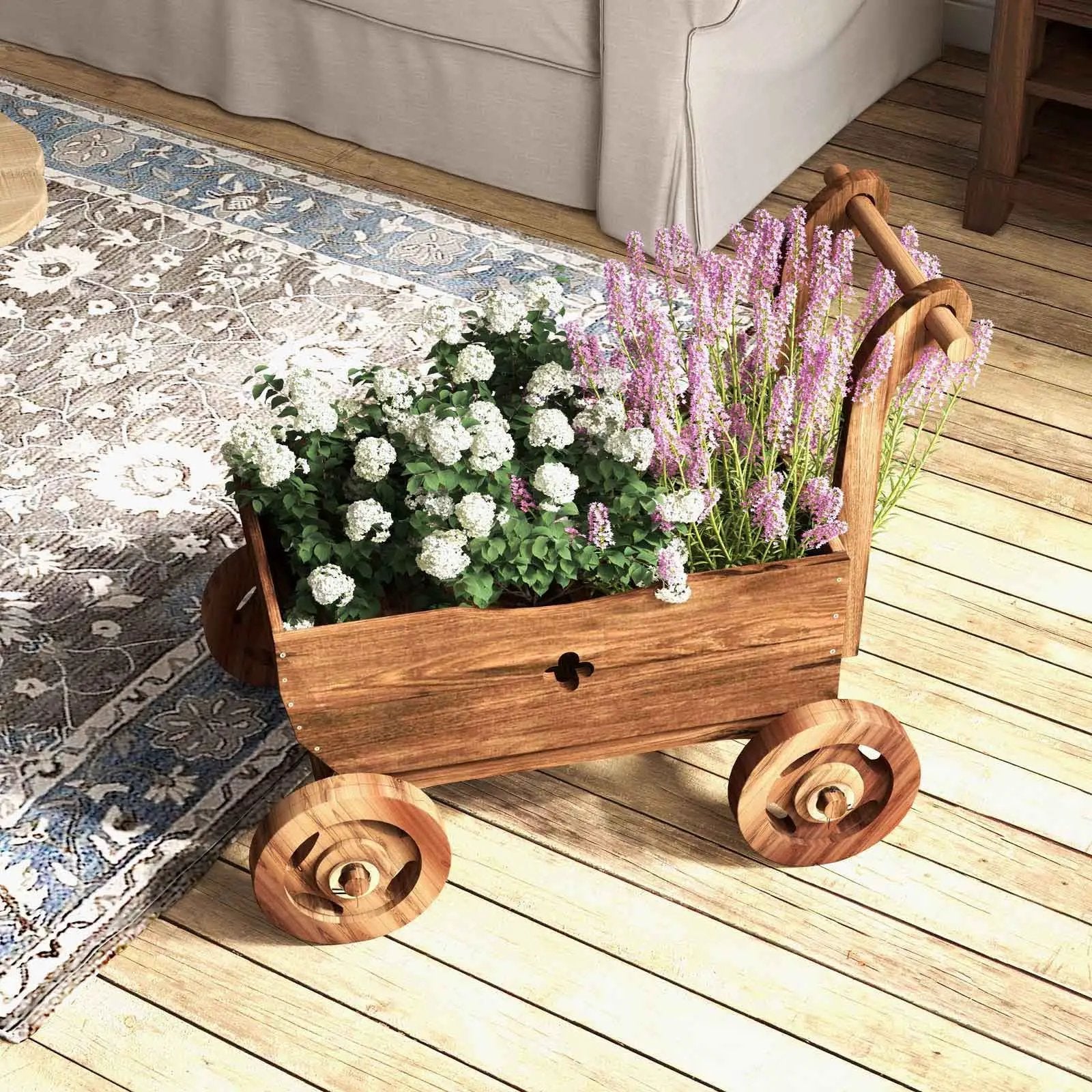 Decorative Wooden Wagon Cart with Handle Wheels and Drainage Hole-Rustic Brown by DirectDeals