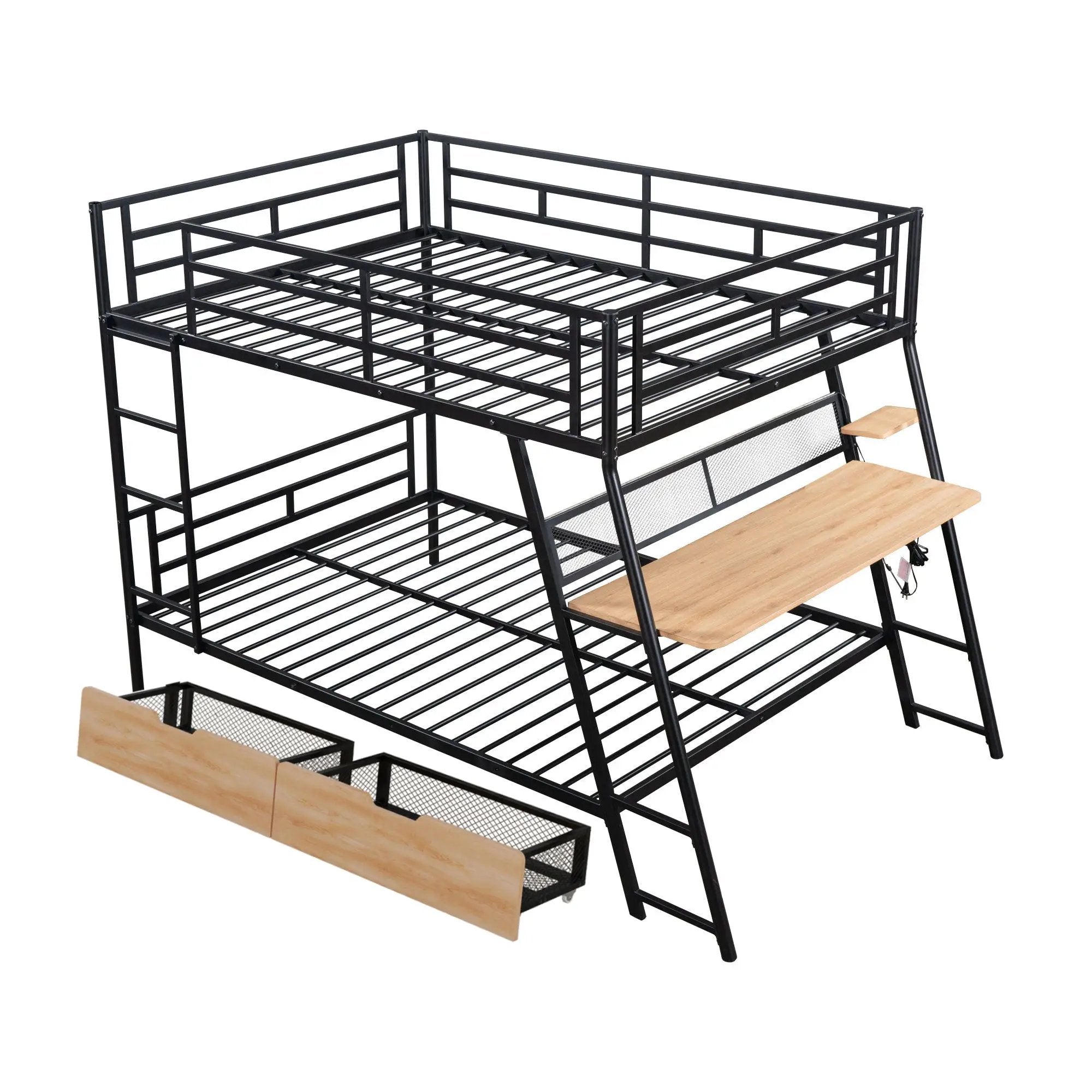 Full Size Bunk Bed With Built In Desk, Light, And 2 Drawers - Black by HouseOfZazla