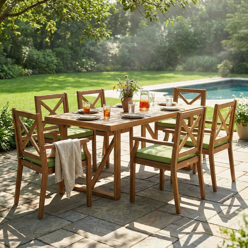7 Pieces Acacia Wood Outdoor Dining Set with Green Cushions by HouseOfZazla