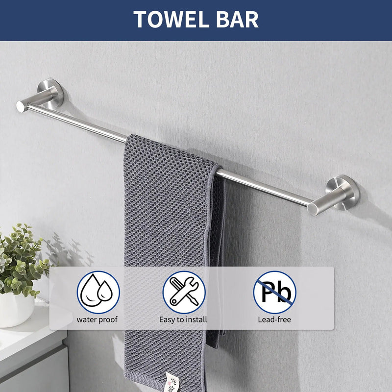 Bathroom Set 4 Pack With Towel Bar Racks, Toilet Paper Holder, Ring, Hook, Stainless Steel - Brushed Nickel by HouseOfZazla