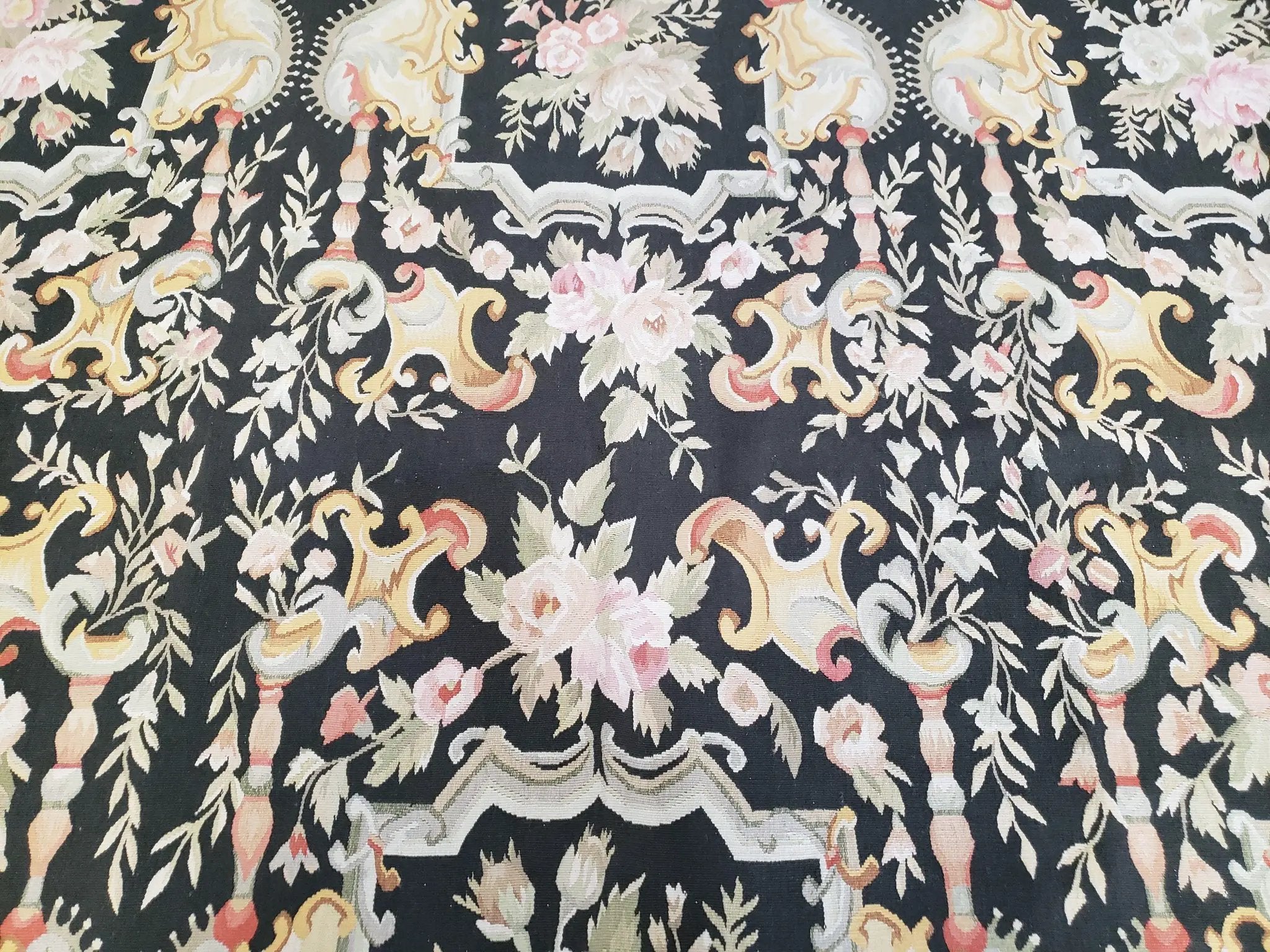 Vintage Black Aubusson Area Rug 8x10, Large Flowers Chinese Aubusson Carpet 7.9 x 10, Wool Hand-Knotted Floral Pattern Flat Weave Rug Nice by Jewel Rugs