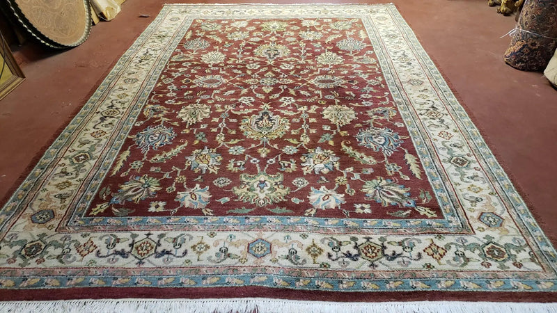 8x12 Indo-Mahal Rug, Floral Allover, Red & Beige, Wool Vintage Handmade Traditional Carpet by Jewel Rugs